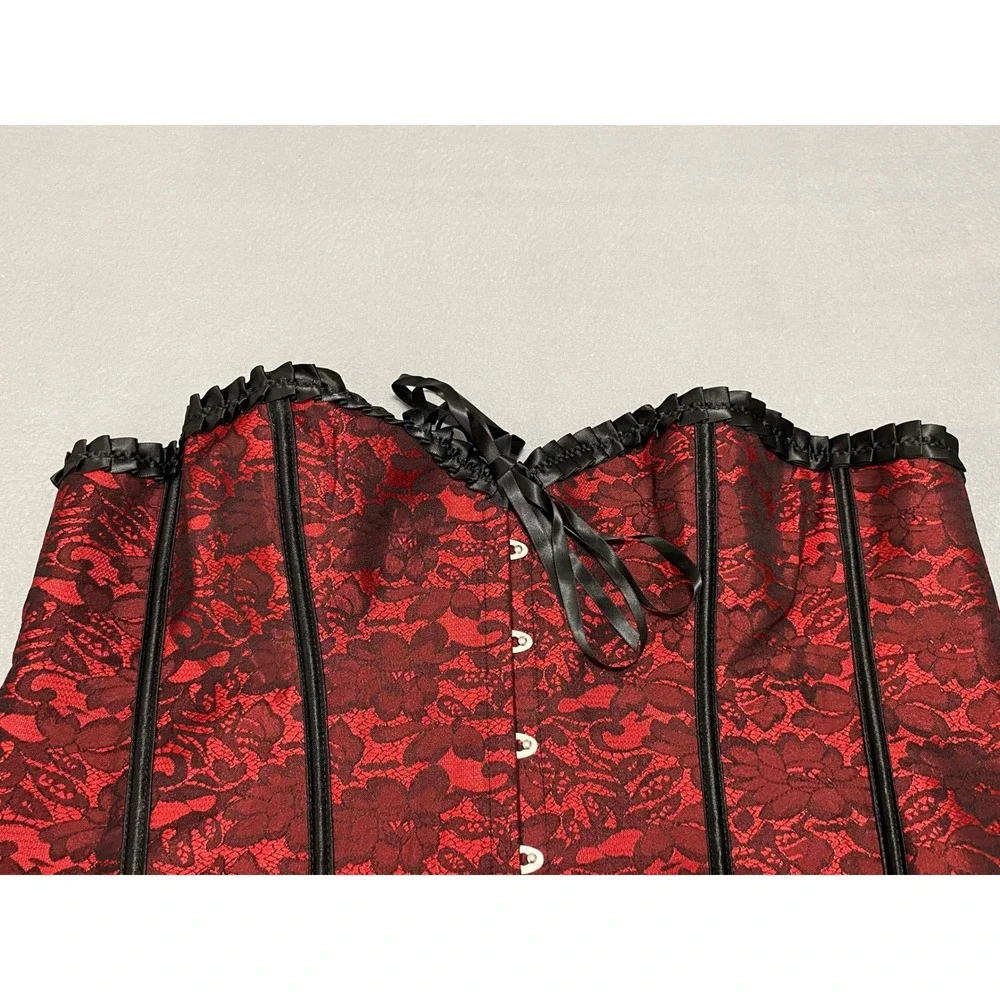Red Black Floral Lace Boned Corset Top Gothic Steampunk Lace Up Back XL-2XL - Picture 6 of 12